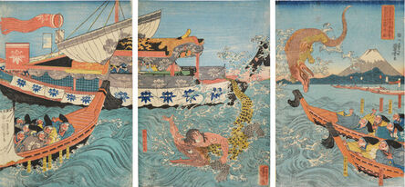 Utagawa Kuniyoshi, ‘Asahina Fighting Two Crocodiles’, ca. 1842