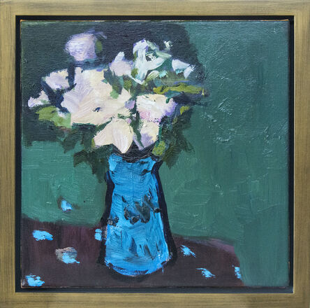 Jennifer Hornyak, ‘Blue with Alizarin Brown - small blue, pink, green, figurative still life oil’, 2020