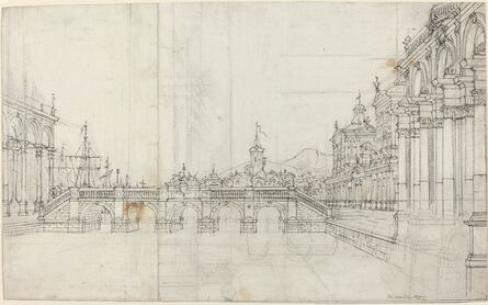 Bernardo Bellotto, ‘A Capriccio of Palaces and a Loggia Facing a Classical Bridge’, ca. 1750