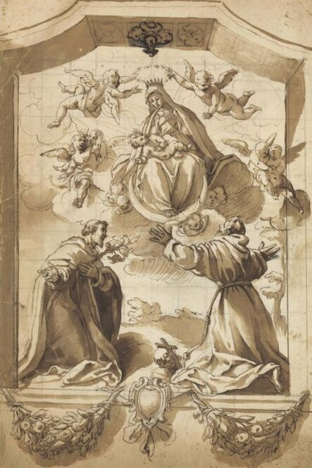 Circle of Jacopo Chimenti, called Jacopo da Empoli, ‘The Coronation of the Virgin with Saints Francis and Anthony, inscribed in a cartouche with floral swags and an armorial device’