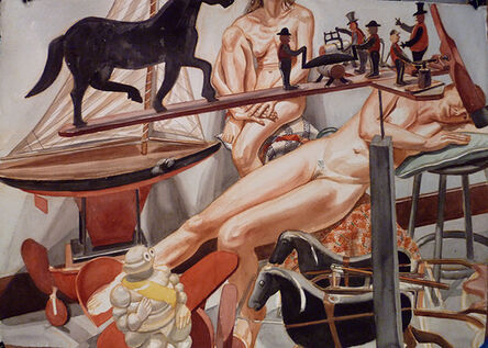 Philip Pearlstein, ‘Two Models with Kiddie Car Airplane, Chariot and Whirligig and Michelin Man’, 2010