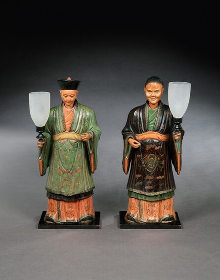 English, ‘A PAIR OF REGENCY POLYCHROME DECORATED FIGURES OF A MANDARIN AND HIS CONSORT MOUNTED WITH LAMPS’, ca. 1815