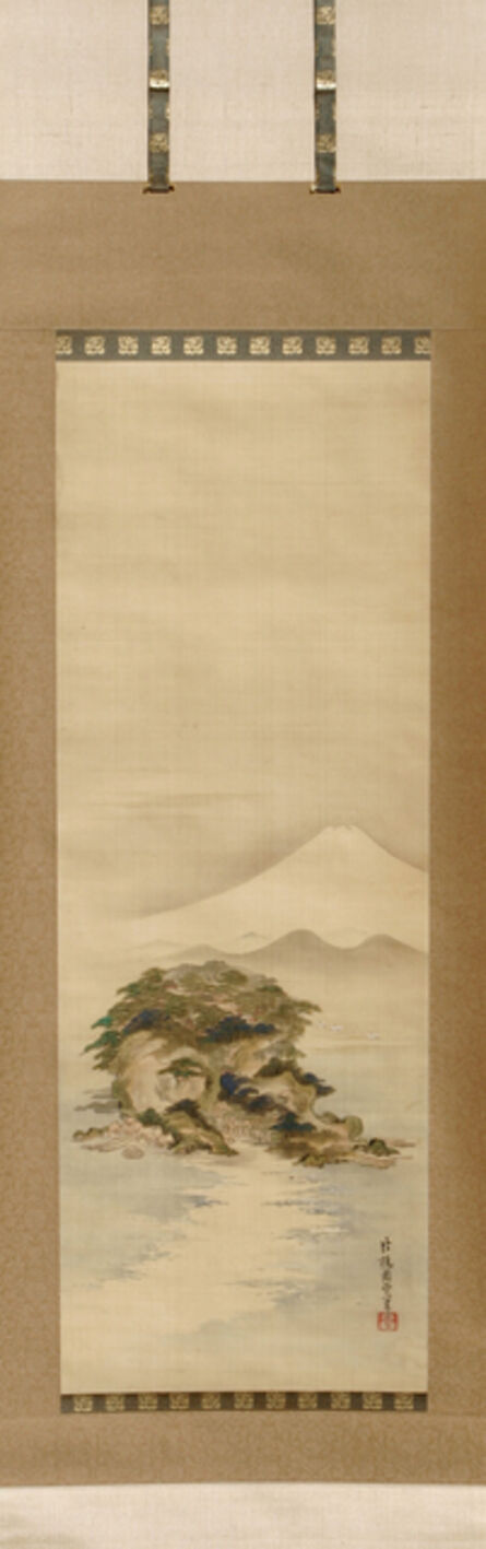 Kano Shuei, ‘The island Enoshima with Mt. Fuji and flying cranes (T-1561)’, 19th Century