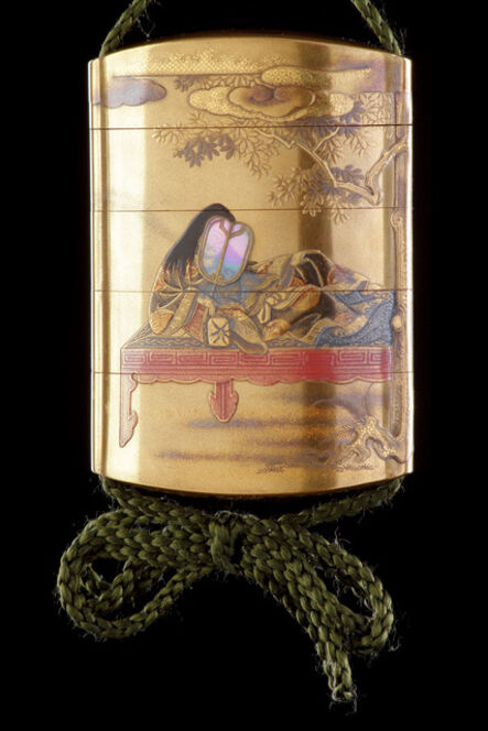 Japanese Works of Art, ‘A Fine Four Case Gold Ground Kinji Lacquer Inrō Decorated in Gold Silver and Red Hiramaki-e Depicting Rosei Reclining on a Day Bed’, 1780-1820
