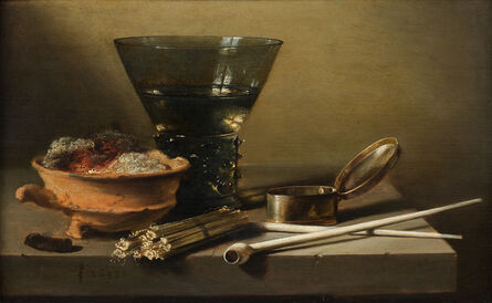 Pieter Claesz, ‘A Toebackje: a Still Life with a Berkemeier, Matches, clay Pipes, a Tobacco Box, and a Brazier’, 1638