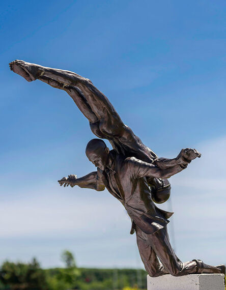 WW Hung, ‘Deliverance 3/5 - tall, bronze, balancing, nude, male figure, outdoor sculpture’, 2021