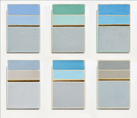 Leon Grossmann, ‘Homage to Rothko. Set of 6 Painting. Ocean, Forest, Still Day, Blue, Grey, Gold, Beige, Green, textured, stripes, lines, abstract painting’, 2022