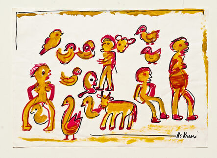 Hans Krüsi, ‘Untitled (Red and Yellow Humans, Cows, and Chickens)’, 1984