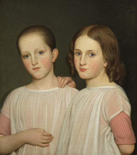 Danish School, ‘Two sisters in pink striped dresses and white aprons’, ca. 1840