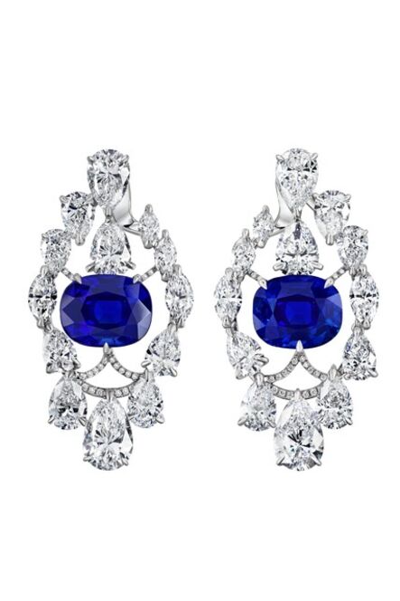 Moussaieff Jewellers, ‘A rare pair of Kashmir sapphire earrings with a total weight of 14.41 cts and surrounded by 16.25 cts of diamonds.’