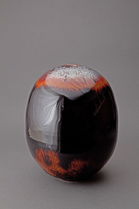Brother Thomas Bezanson, ‘Egg vase, mirror black glaze with partridge feathers’