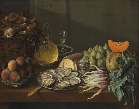 François Desportes, ‘Le Déjeuner maigre: oysters, bread, wine, peaches, pears, melon, radishes, salt and figs on a table’, 1739