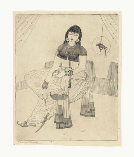 Abdur Rahman Chughtai, ‘Untitled (Lady with Caged Parrot)’