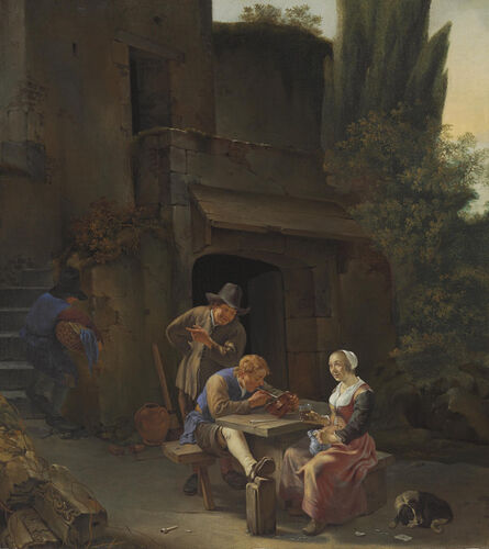 Johannes Natus, ‘Peasants drinking and smoking at a table in an Italianate courtyard’