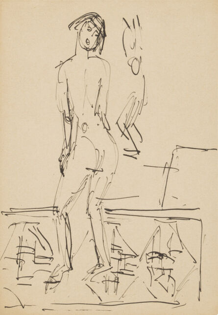 Ernst Ludwig Kirchner, ‘Standing Female Nude (Erna Schilling) with Carved Figure, Wildboden/Frauenkirch’, 1924