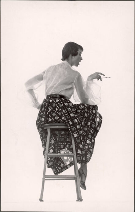 Gjon Mili, ‘Model Dorian Leigh Wearing White Organdy Shirt with Full Print Skirt by Ceil Chapman (face seen in profile)’, 1950