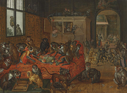 Circle of Jan van Kessel I, ‘Monkeys playing games, eating and dancing in an interior’