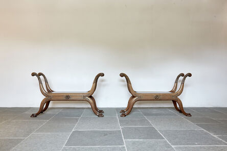 Regency period, ‘A pair of large Regency mahogany double sided X frame hall stools, English.’, ca. 1815