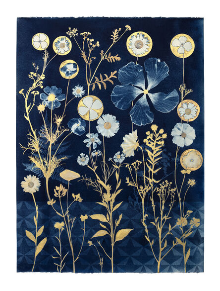 Julia Whitney Barnes, ‘Cyanotype Painting (Gold Hibiscus, Cosmos, Ferns, Floor Pattern, etc)’, 2021