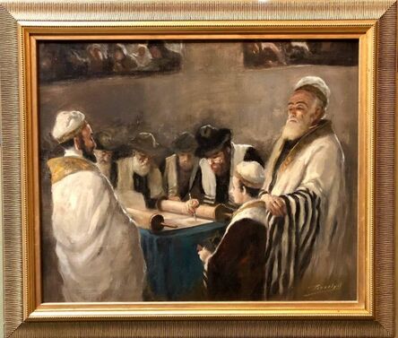 Anton Peczely, ‘Rare Hungarian BAR MITZVAH boy at Torah with Rabbi Judaica Oil Painting’, Early 20th Century
