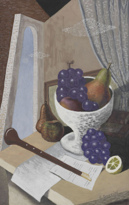 Gino Severini, ‘Natura morta con strumento musicale a fiato e coppa di frutta’, 1928-29
