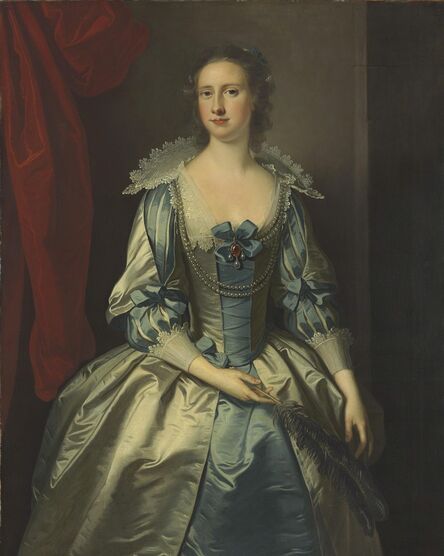Thomas Hudson, ‘Portrait of a lady, possibly Mrs. Fryer, three-quarter-length, holding a feather’