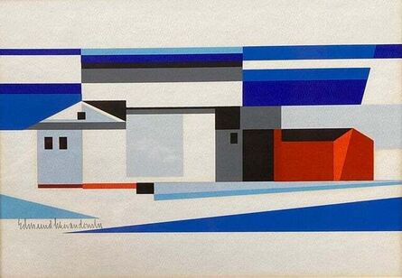 Edmund Lewandowski, ‘Landscape w/ Barn Abstract Mid-Century Precisionist Gouache Paper Contemporary’, ca. 1970