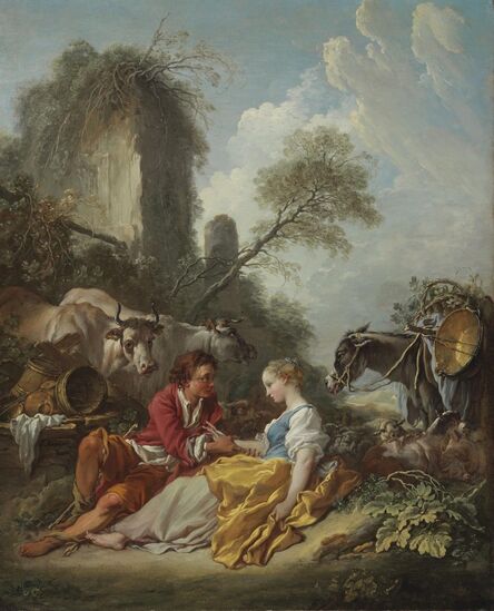François Boucher, ‘'La Tendre Pastorale': A pastoral landscape with a shepherd and shepherdess’