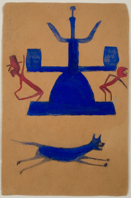 Bill Traylor, ‘Untitled, (Blue and Red Construction with Running Dog and Figures)’, ca. 1939-42