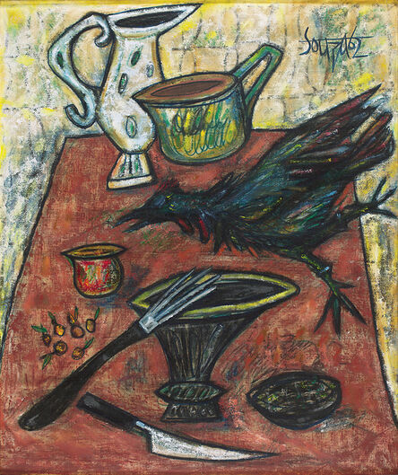 Francis Newton Souza, ‘Untitled (A Still Life of Kitchen Implements and a Rooster on a Table)’, 1962