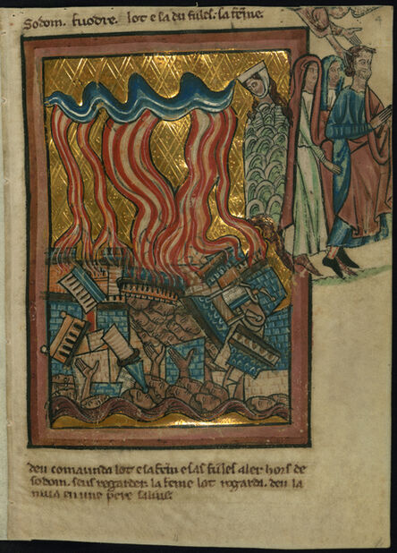 William de Brailes, ‘Lot and his Family Flee Sodom (Genesis 19:15-26)’, ca. 1250