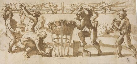 ‘Putti gathering grapes and putting them in wine vats under a trellis’