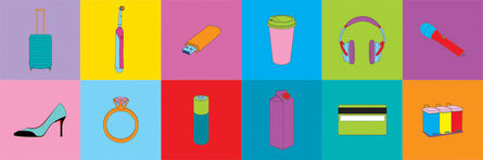 Michael Craig-Martin, ‘Objects of Our Time (4 Wheel Suitcase, Credit Card, Diamond Ring, Electric Toothbrush, High Heel, Juice Carton, Long-life Battery, Memory Stick, Noise Canceling Headphones, Recycling Bins, Takeaway Coffee, Wireless Mic)’, 2014