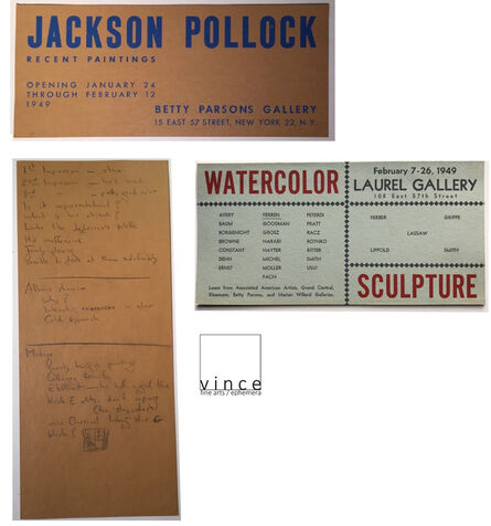 Jackson Pollock, ‘2 PIECE SET- "Jackson Pollock", 1949, Invitation Card, Betty Parsons Gallery NYC  & "Watercolor Sculpture", 1949, Group Show Invite’, 1949