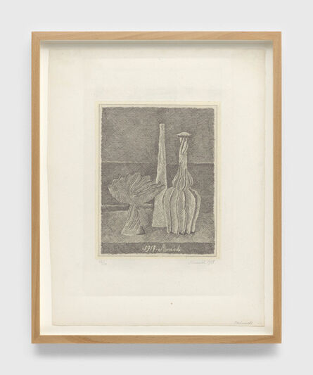 Giorgio Morandi, ‘Natura morta con compostiera, bottiglia lunga e bottiglia scannellata (Still life with composter, long bottle and fluted bottle)’, 1928