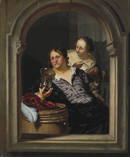 Willem van Mieris, ‘A man drinking with a woman holding a fish’