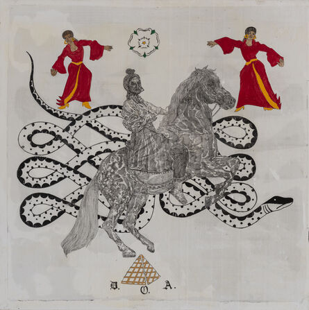 Umar Rashid (Frohawk Two Feathers), ‘A young Helen Sidney astride her stallion, Percival, with the chaos serpent behind her and dancing deities high in the firmament. A daughter of Apophis or, White woman on a horse.’, 2020