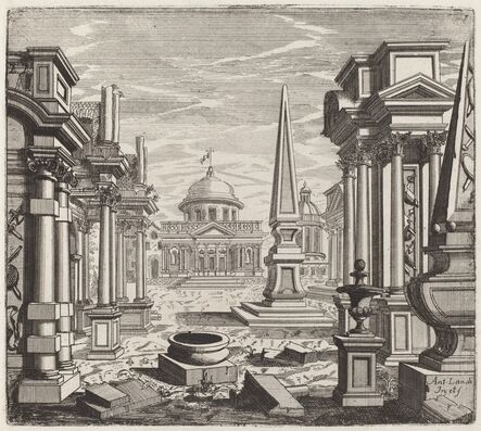 Giuseppe Antonio Landi, ‘Architectural Fantasy with Obelisks, Ruins, and a Piazza’, before 1753