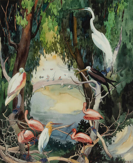 Jessie Arms Botke, ‘Birds at a waterhole, Flamingos, Swans, Egrets- San Diego Zoo’, ca. 1930