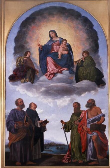 Giovanni Girolamo Savoldo, ‘Madonna and Child in Glory, two Angels and Saints Peter, Dominic, Paul and Jerome (Pala Pesaro)’, 1524-1526
