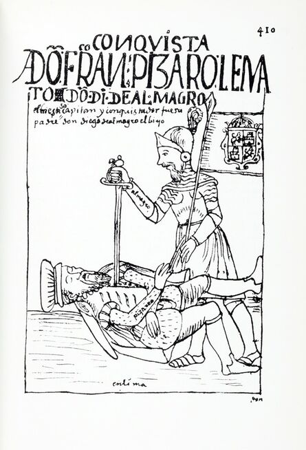 Guaman Poma, ‘Don Francisco Pizarro est tué par Don Diego de Almagro le jeune (Don Francisco Pizarro gets killed by Don Diego de Almagro the Younger)’, 1615