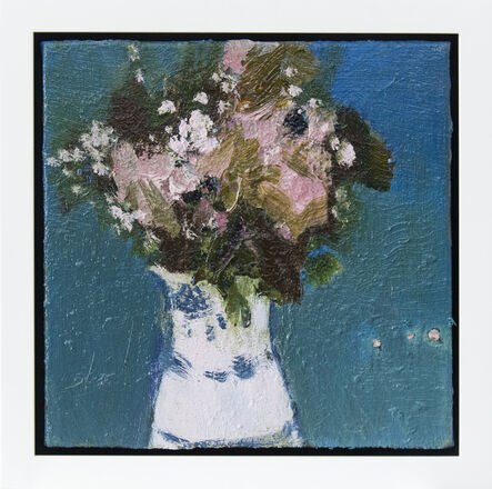 Jennifer Hornyak, ‘White Jug With Blue Band - small, bright, floral, pink, green, still life oil’, 2020