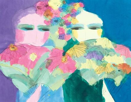 Walasse Ting 丁雄泉, ‘Women with flower bouquets 执扇双美’, 1980-1990