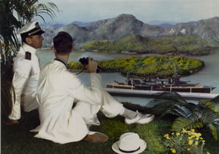 Lejaren à Hiller, ‘Naval officer and young man on hillside with binoculars, overlooking battleship in bay below’, 1950