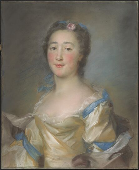 Jean-Baptiste Perronneau, ‘A Young Lady in a Yellow Gown with Blue Ribbons’, ca. 1767