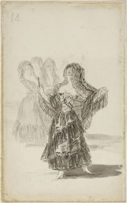 Francisco de Goya, ‘Two Majas Embracing (recto); Maja Parading before Three others (verso)’, ca. 1796–97