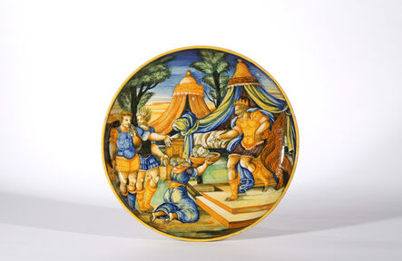 Italian maiolica, ‘Pesaro Istoriato Shallow Bowl on low foot, Caesar presented with the Head of Pompey, Sforza di Marcantonio’, 1561