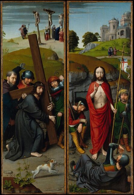 Gerard David, ‘Christ Carrying the Cross, with the Crucifixion; The Resurrection, with the Pilgrims of Emmaus’, ca. 1510