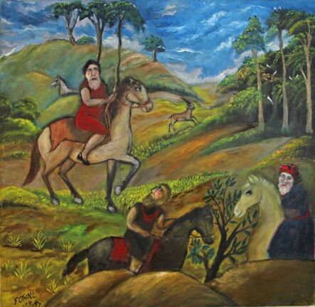 Tasaduq Sohail, ‘Untitled (Three men on horseback in a landscape, one in a red dress and black heels)’, 1986-1987