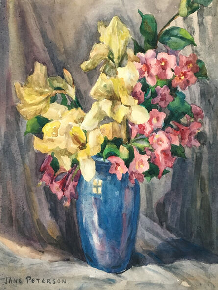 Jane Peterson, ‘Irises & Weigela in Blue Vase’